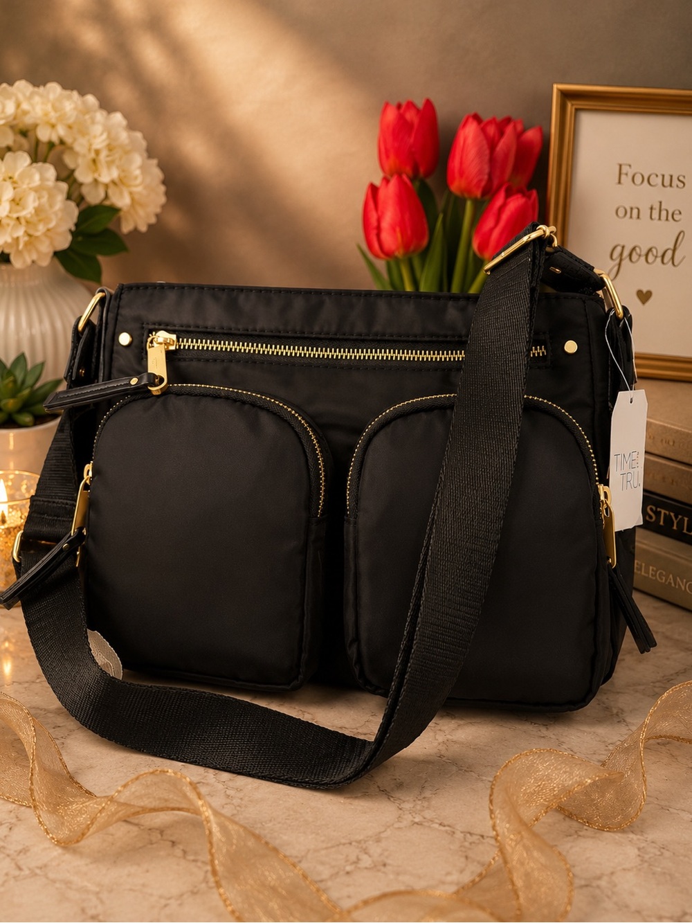 Time and True Black Nylon Crossbody Bag with Front Pockets NWT